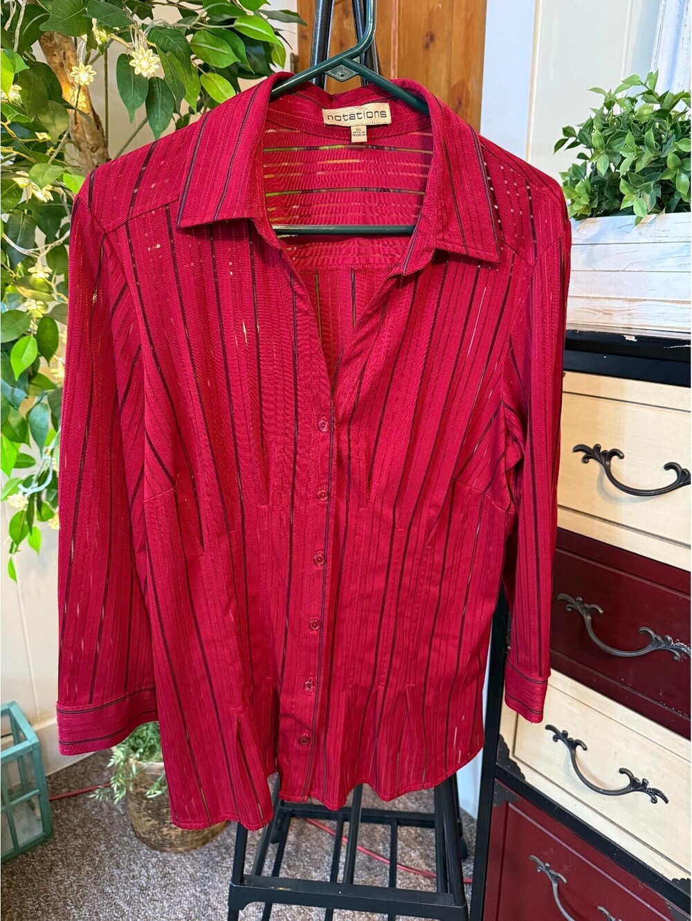 Notations Womens XL Red Sheer Striped Button Down Blouse
